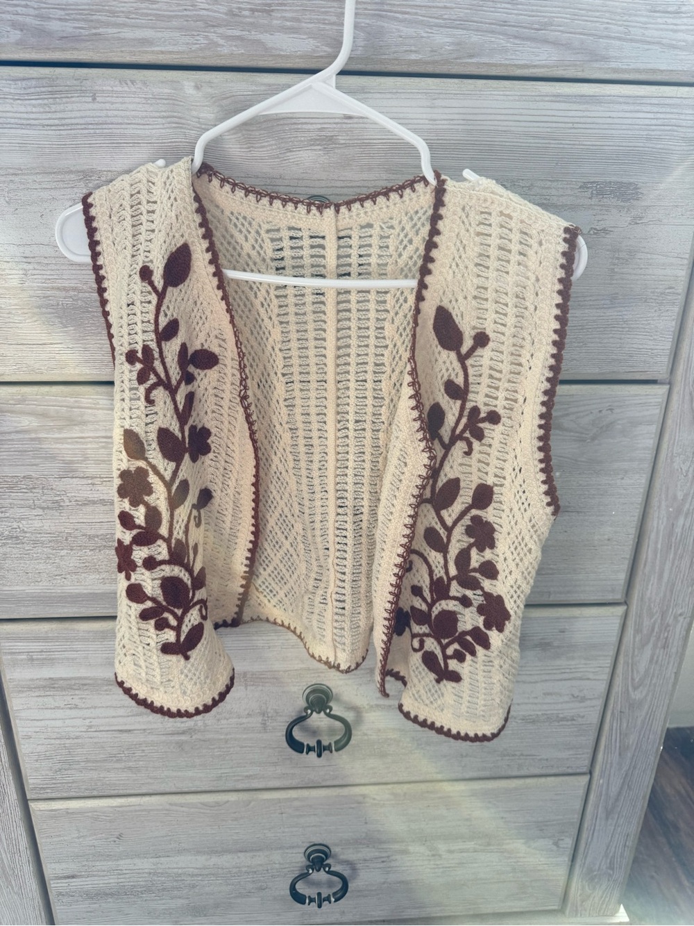 SHEIN Cream Crochet Open-Front Vest with Brown Floral Embroidery